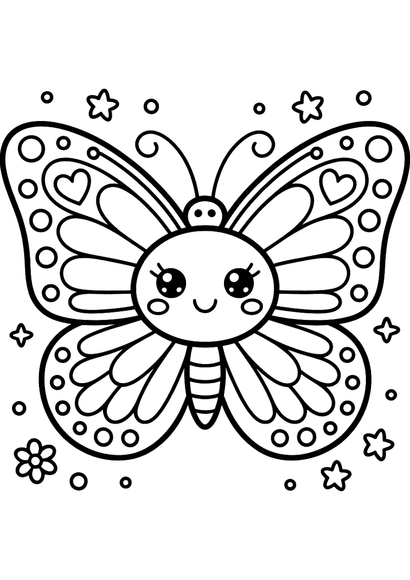 Kleurplaat van een kawaii-vlinder met vleugels vol cirkels, hartjes, stippen en bloemenvormen, omgeven door kleine sterr
