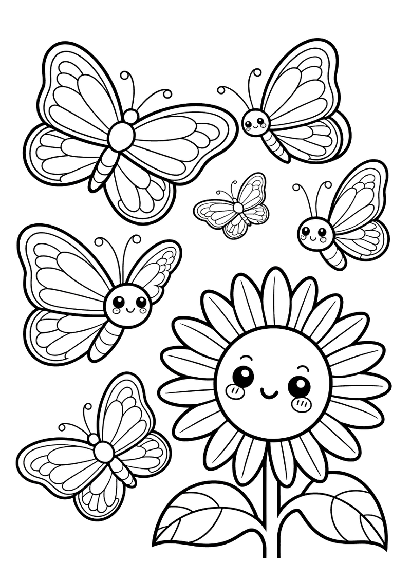 Kleurplaat van vijf vlinders van verschillende groottes die rond een grote lachende kawaii-zonnebloem vliegen