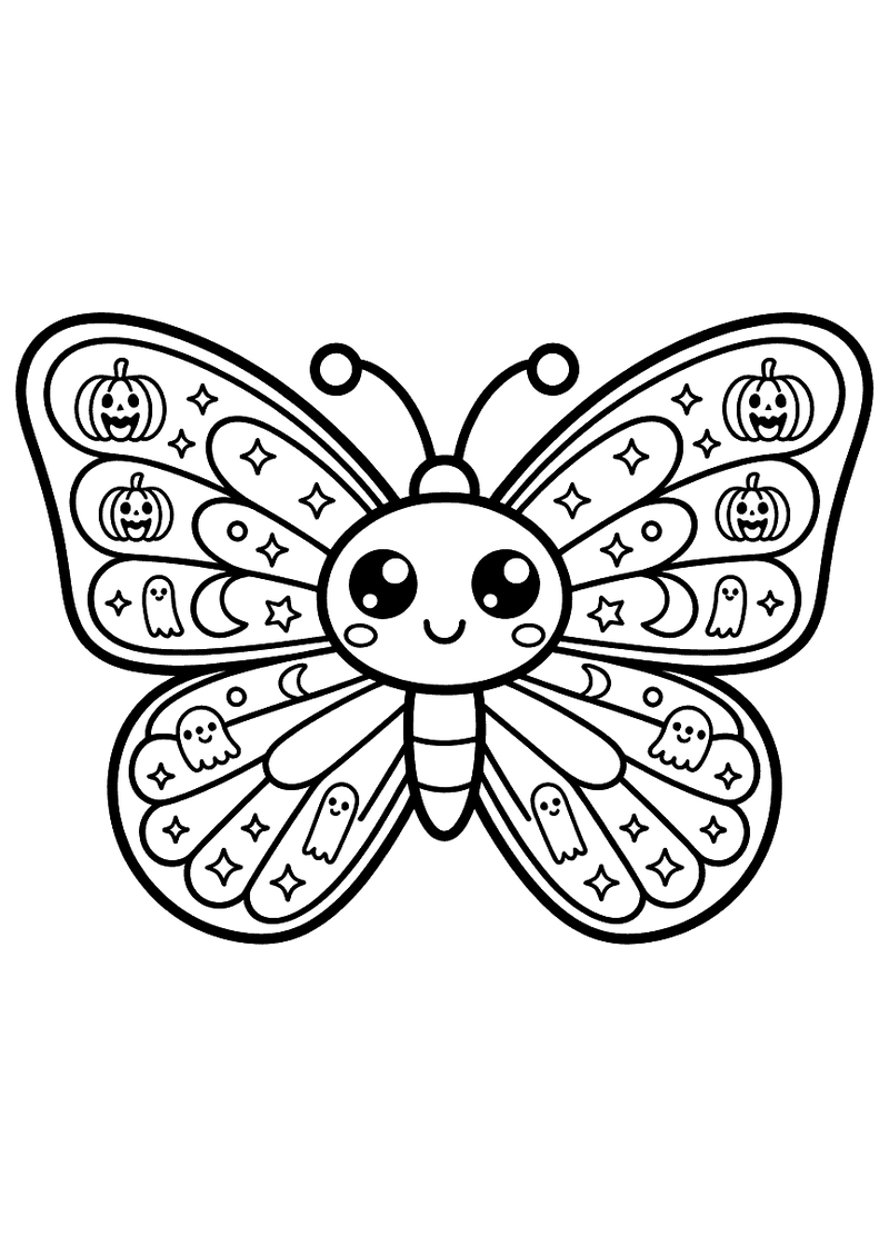 Kleurplaat van een kawaii-vlinder met vleugels versierd met halloween-symbolen zoals pompoenen, spookjes, heksenhoeden e