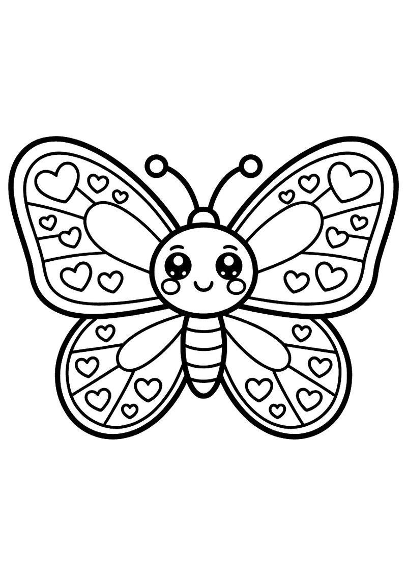 Kleurplaat van een kawaii-vlinder met vleugels vol hartjespatronen in verschillende groottes en een lachend gezichtje in