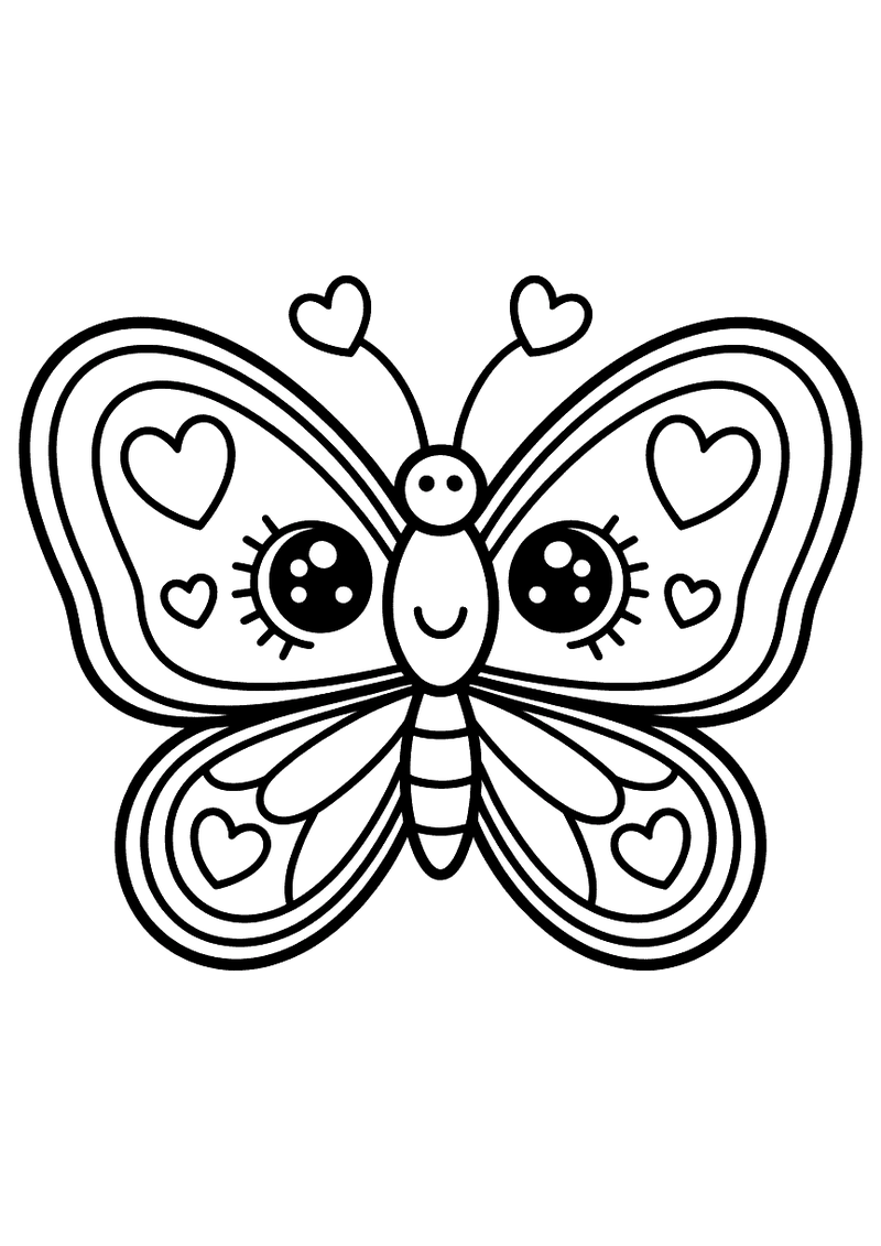 Kleurplaat van een kawaii-vlinder met hartvormige vleugels vol hartjespatronen, grote fonkelende ogen met wimpers en een