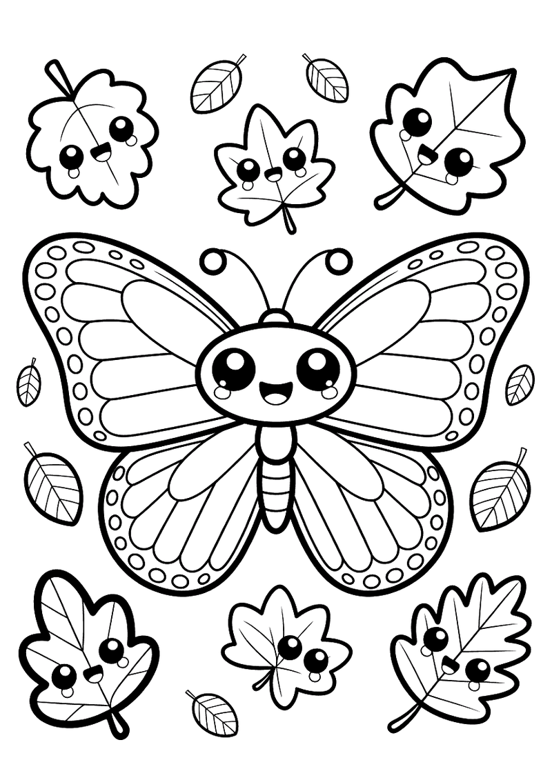 Kleurplaat van een kawaii-vlinder met ronde vleugels en stippenpatroon die vliegt omringd door lachende herfstbladeren v