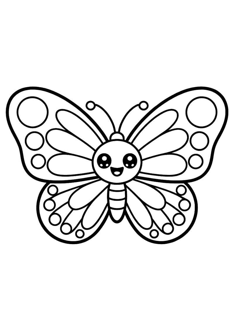 Kleurplaat van een kawaii-vlinder met grote ronde vleugels vol cirkels en ovale vlakken en een vrolijk lachend gezichtje