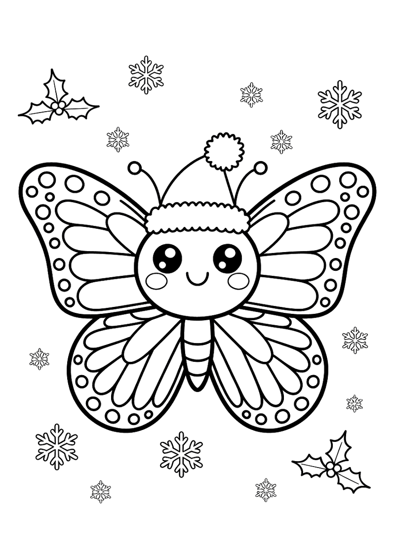 Kleurplaat van een kawaii-vlinder met een rode kerstmuts op die vliegt omringd door sneeuwvlokken, hulstbladeren en klei