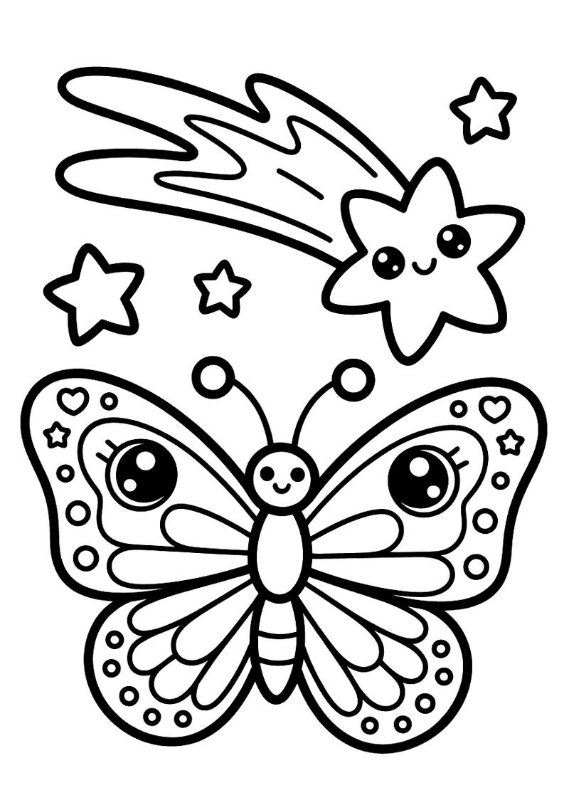 Kleurplaat van een kawaii-vlinder met grote ogen die omhoog kijkt naar een vallende ster met gezichtje, omringd door kle