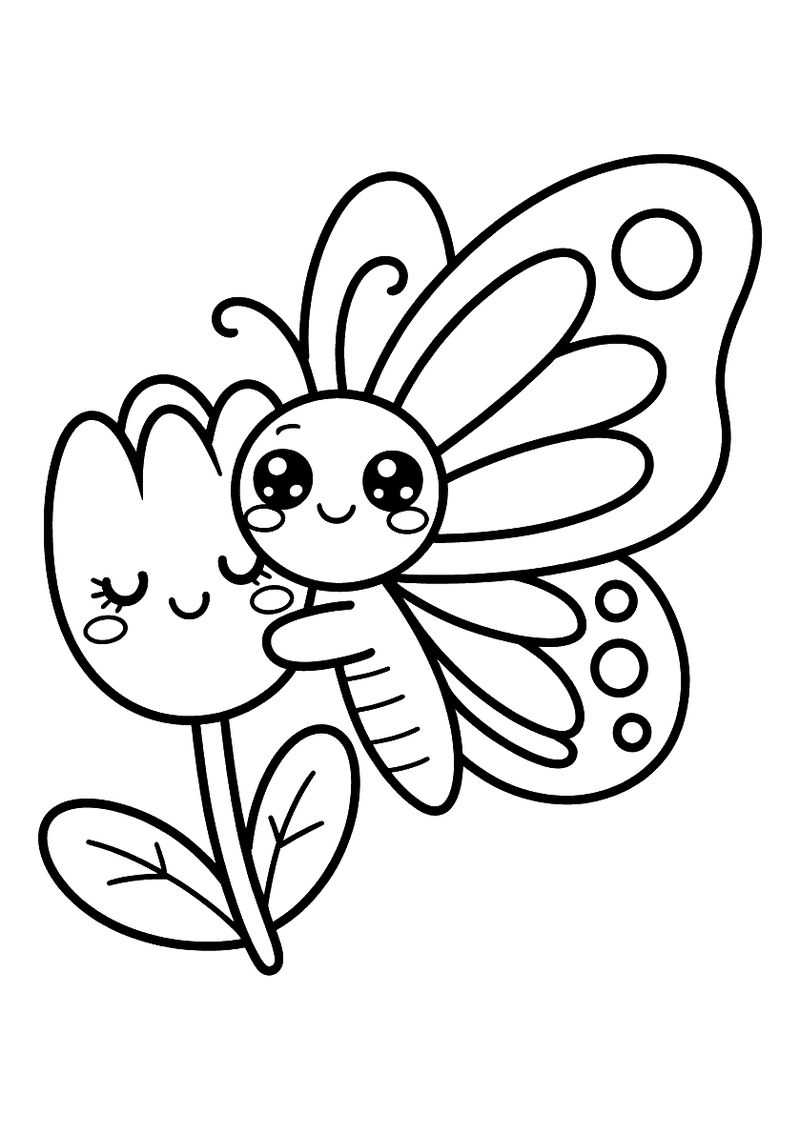 Kleurplaat van een kawaii vlinder die een lachende tulp omhelst, beide figuren hebben grote ronde ogen