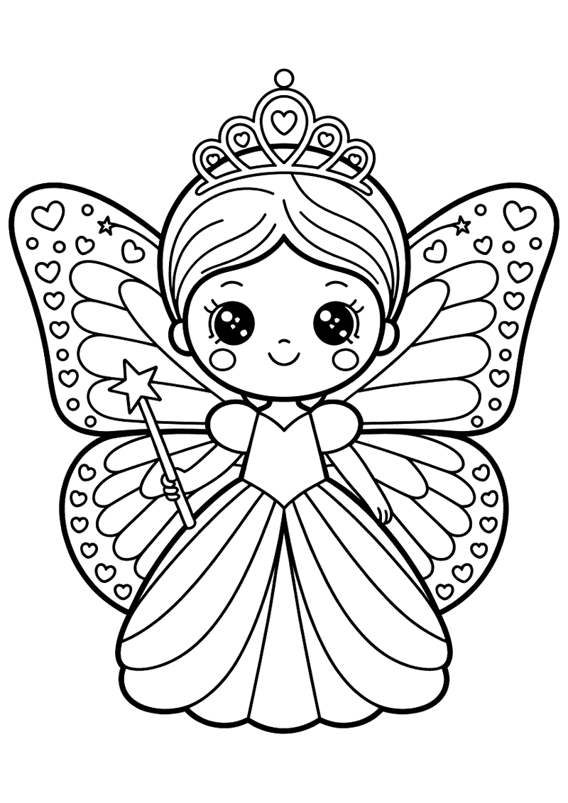 Kleurplaat van een vlinderprinses met een tiara, toverstaf en grote vleugels vol hartjes, gekleed in een brede jurk