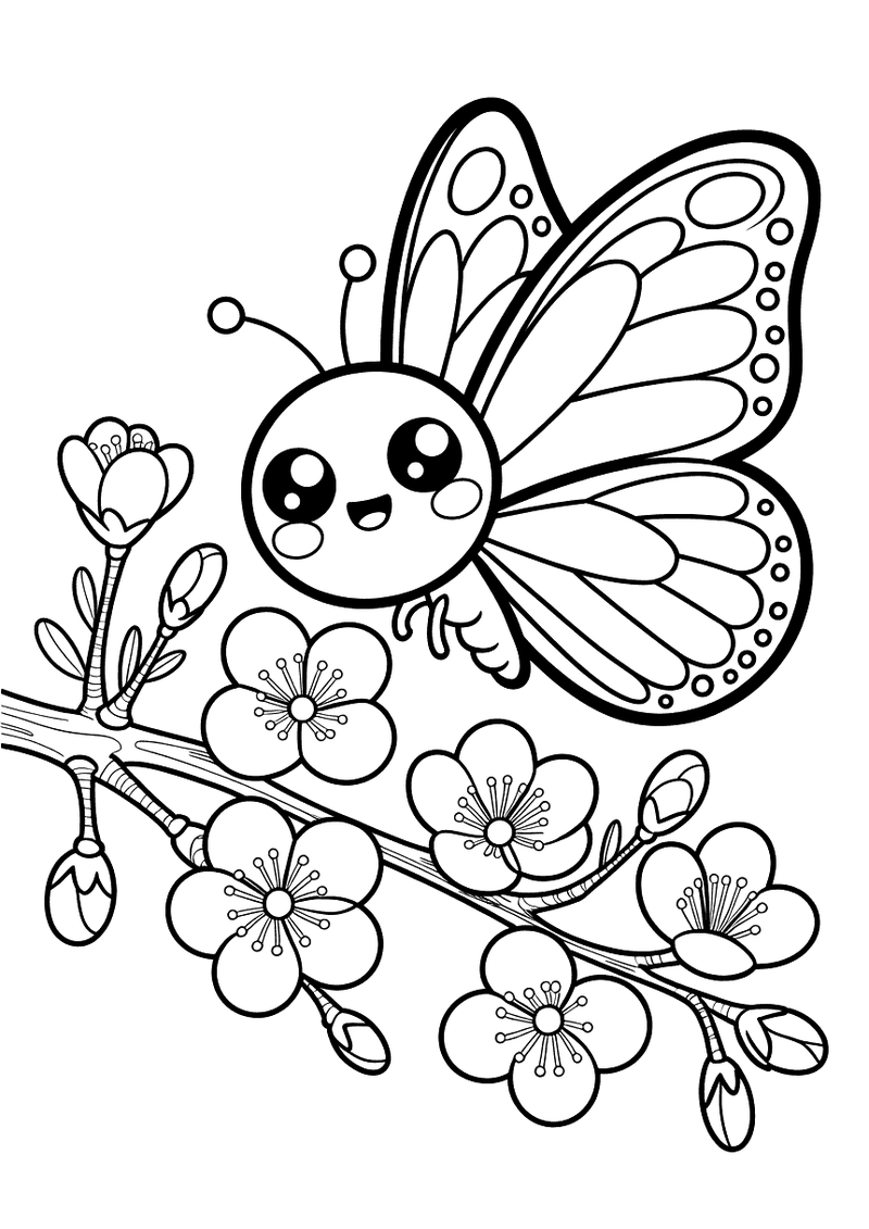 Kleurplaat van een kawaii vlinder die naast een tak met kersenbloesems vliegt, met kleine bloemetjes rondom