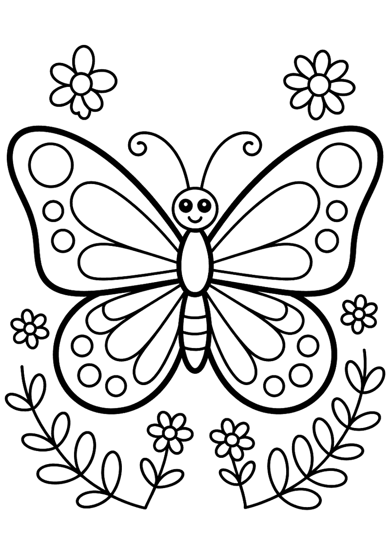 Kleurplaat van een grote symmetrische vlinder met cirkelvormige vleugelmotieven omringd door lentebloemen en hartjes