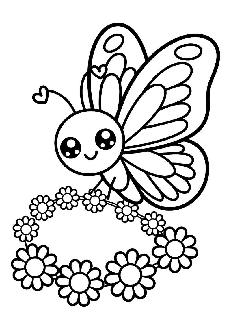Kleurplaat van een kawaii vlinder die boven een ronde krans van madeliefjes zweeft met een hartje bij zijn vleugels