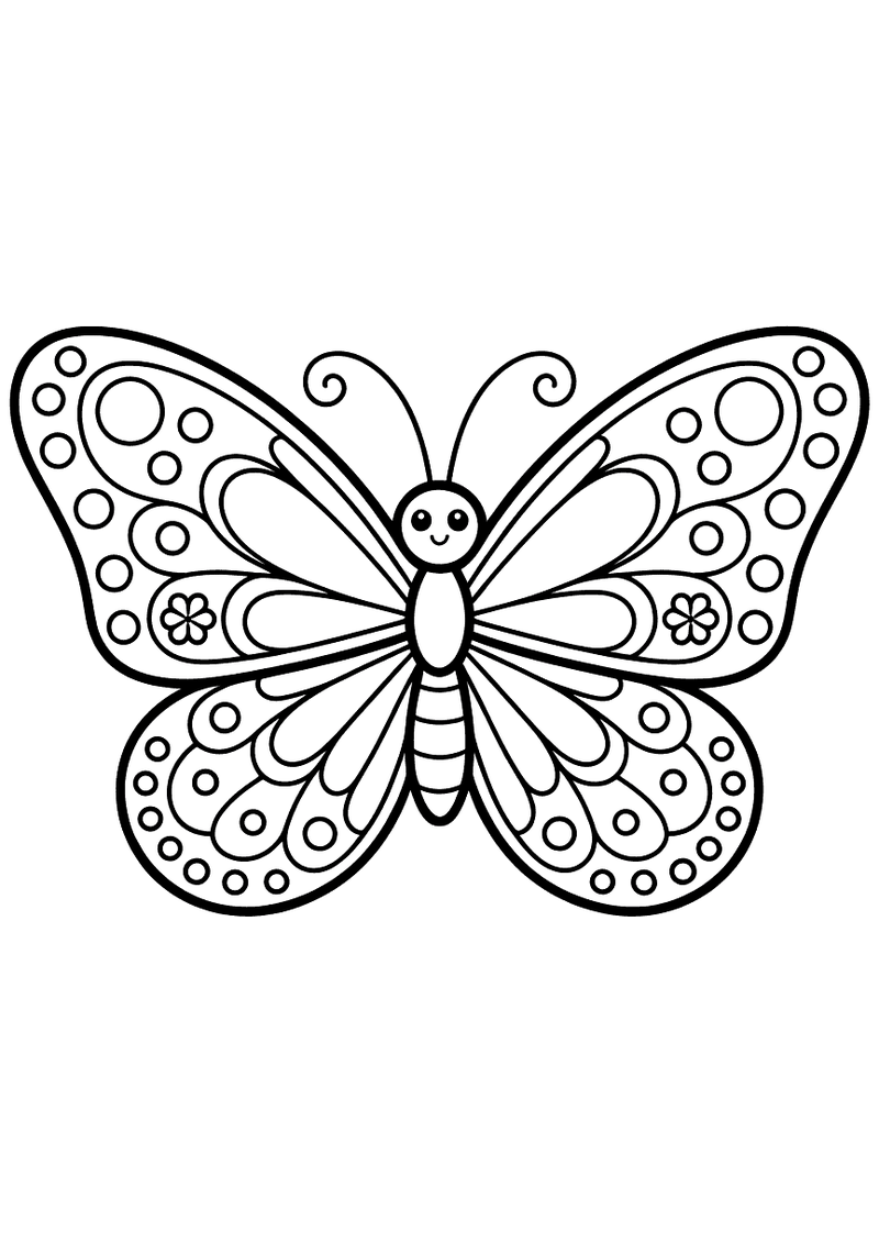 Kleurplaat van een symmetrische vlinder met mandala-patronen vol cirkels en ronde vormen op de vleugels