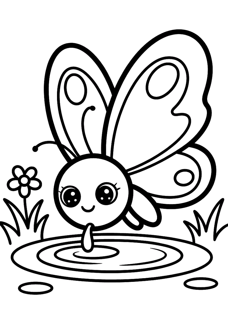 Kleurplaat van een kawaii vlinder die boven een kleine plas water hangt met een bloem en gras op de achtergrond