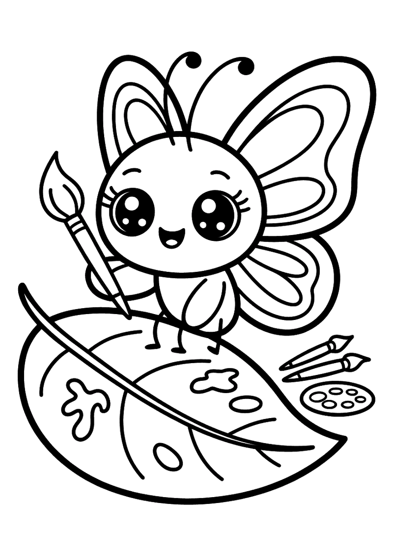 Kleurplaat van een kawaii vlinder die met een penseel op een groot blad schildert, naast een verfpalet en losse penselen