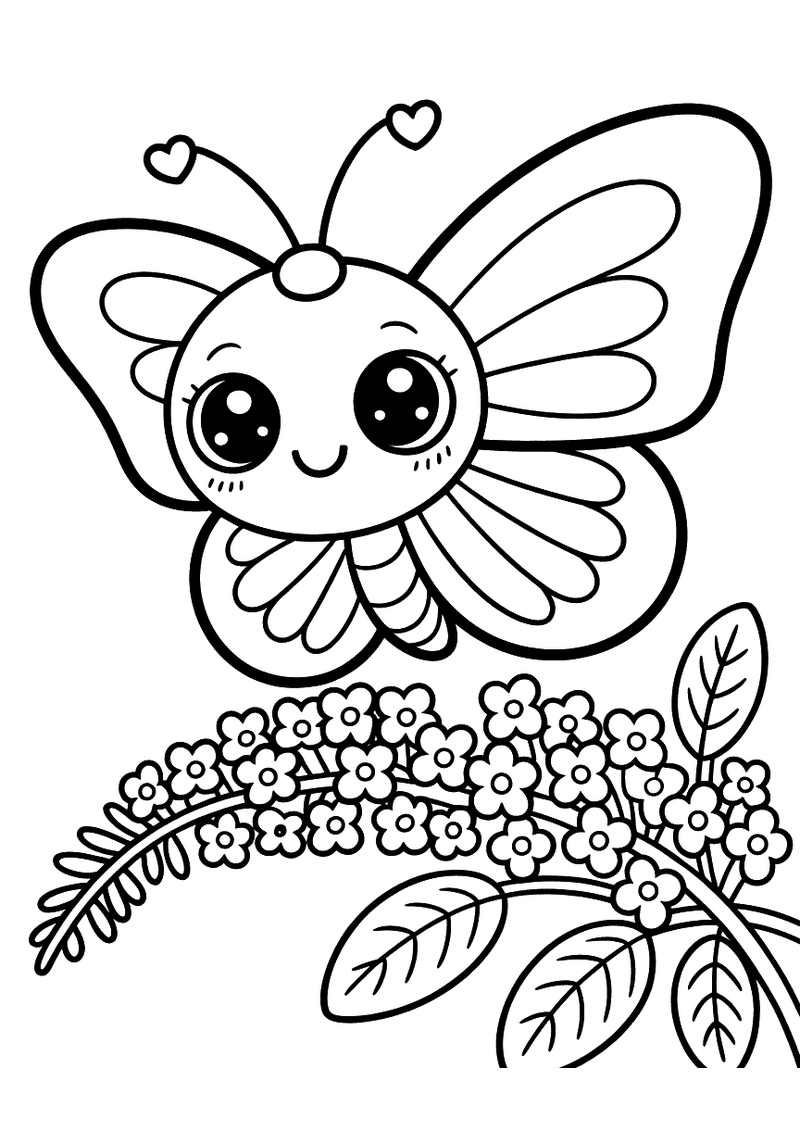 Kleurplaat van een kawaii vlinder die rust op een tak van een bloemstruik met kleine bloesems en brede bladeren