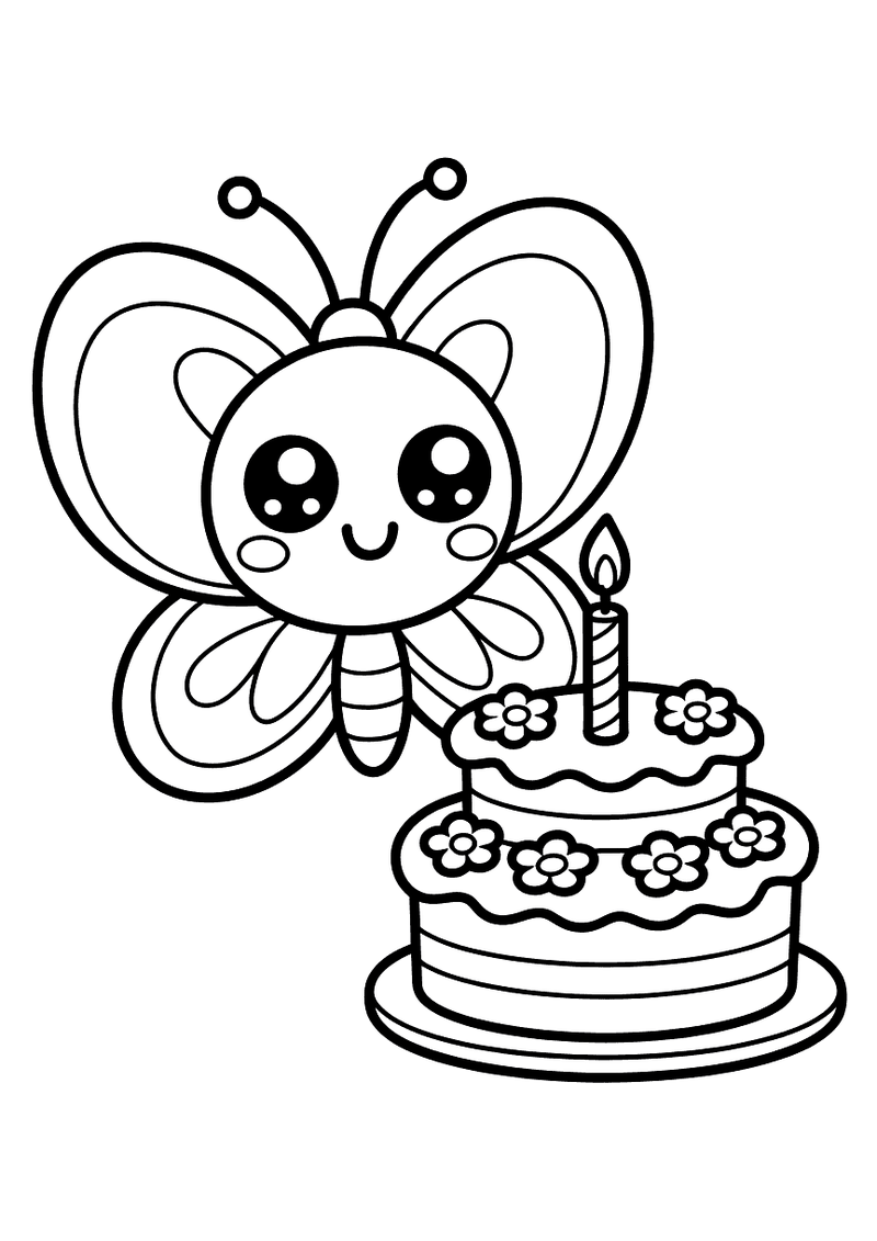 Kleurplaat van een kawaii vlinder die naast een versierde verjaardagstaart met één brandend kaarsje en bloemen staat