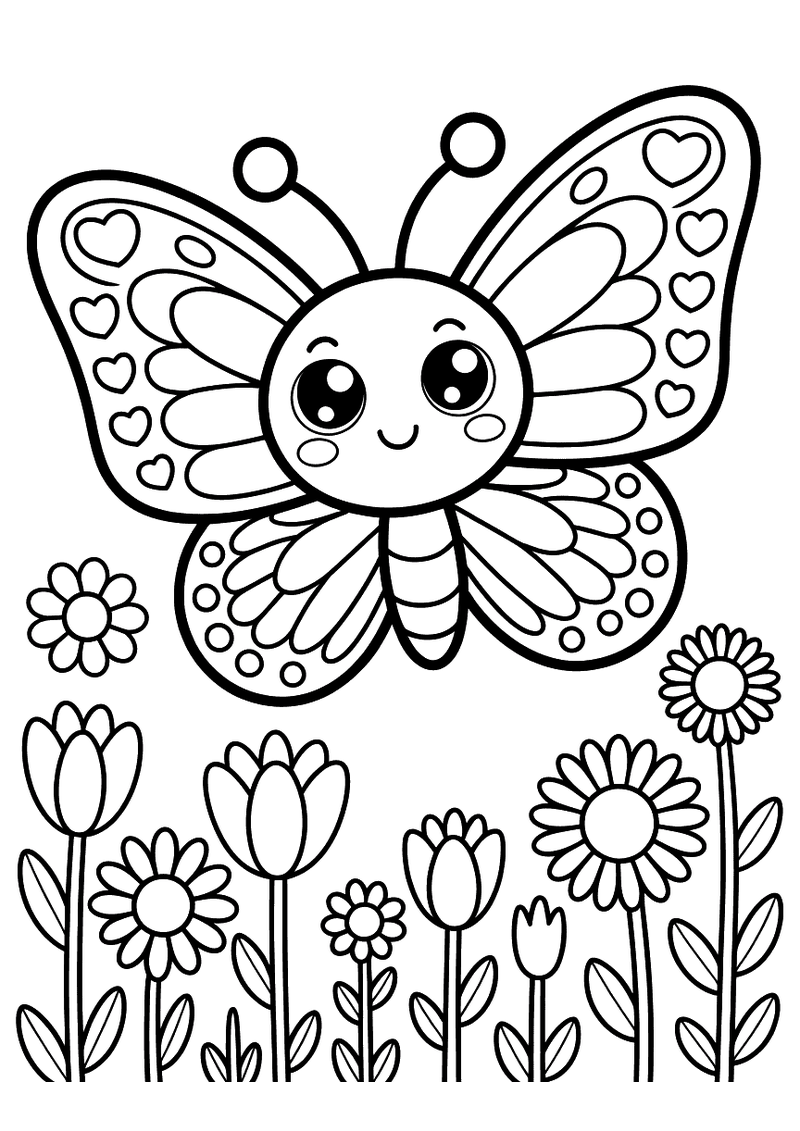 Kleurplaat van een kawaii vlinder die laag vliegt over een rij tulpen, madeliefjes en andere tuinbloemen