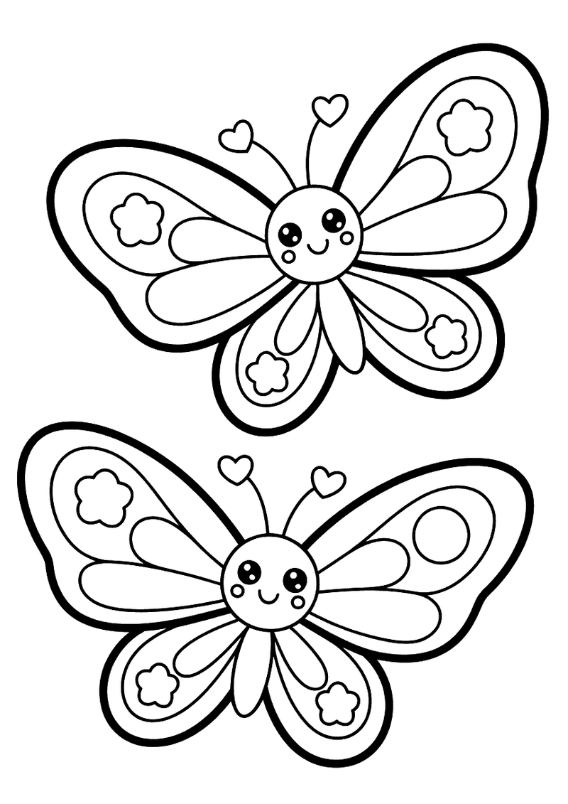 Kleurplaat van twee kawaii vlinders met bloemen op de vleugels die naast elkaar zweven met hartjes ertussen