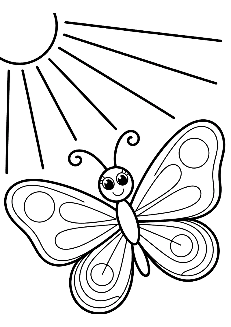 Kleurplaat van een vlinder die vliegt voor een grote stralende zon met lange zonnestralen op de achtergrond