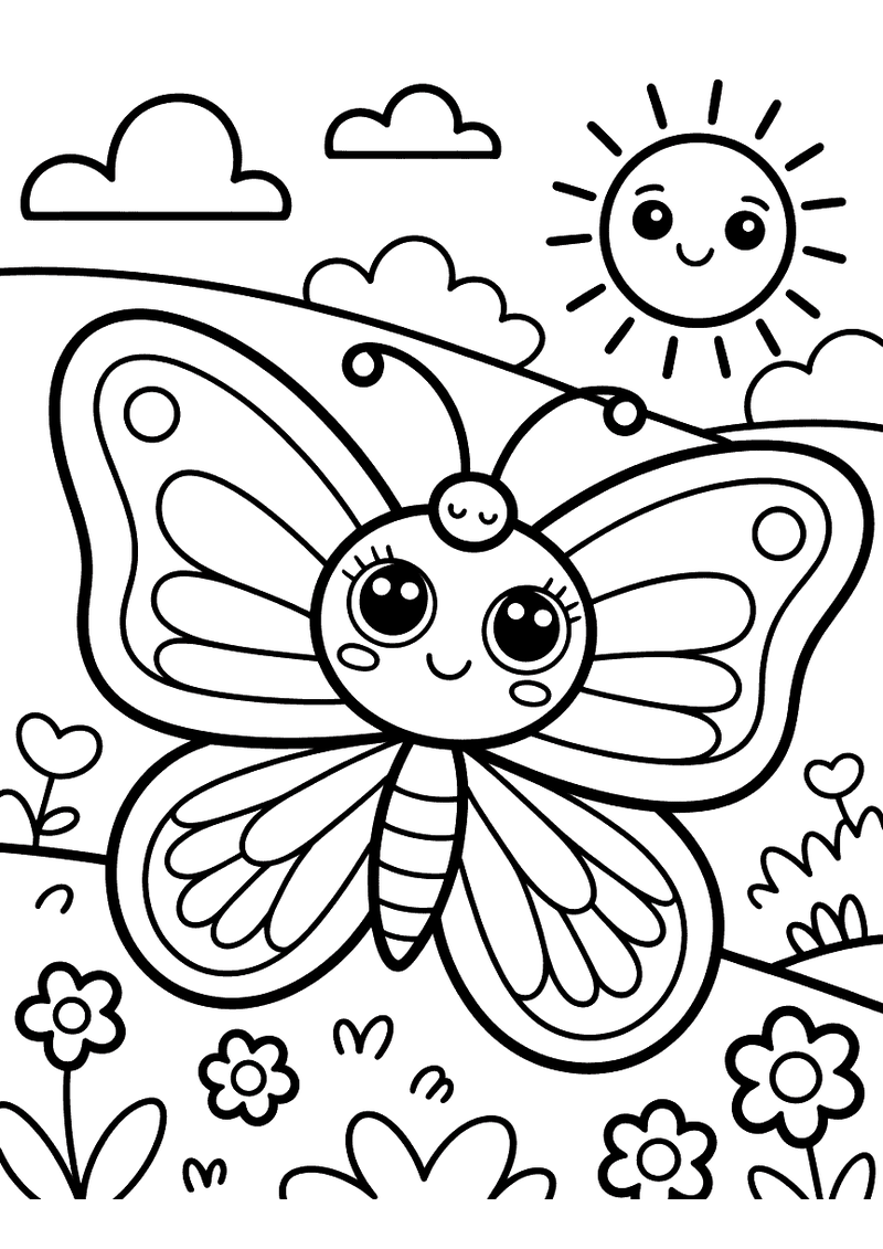 Kleurplaat van een kawaii vlinder die boven een bloemenveld vliegt met een lachende zon en pluizige wolken aan de hemel