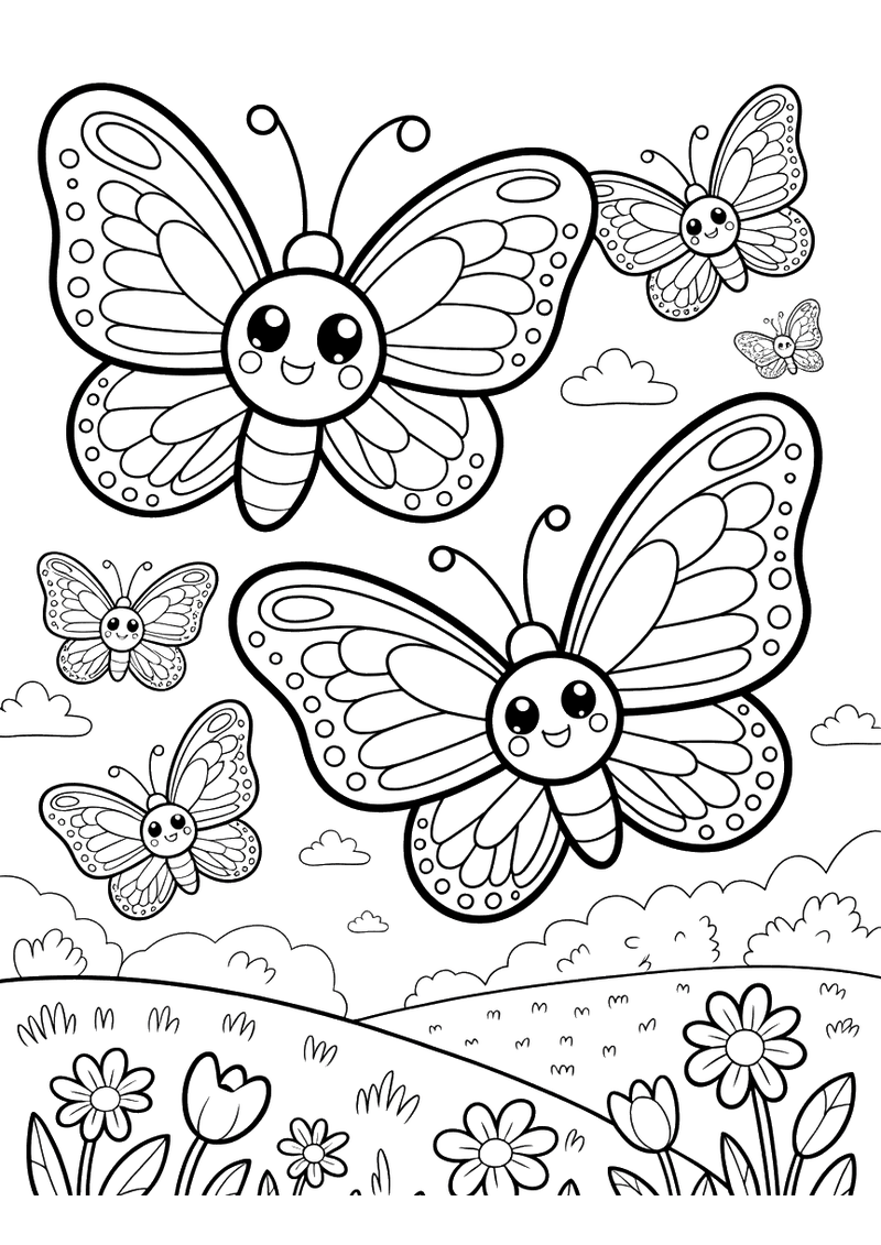 Kleurplaat van vijf kawaii vlinders die samen over een weide met bloemen en gras vliegen met wolken op de achtergrond