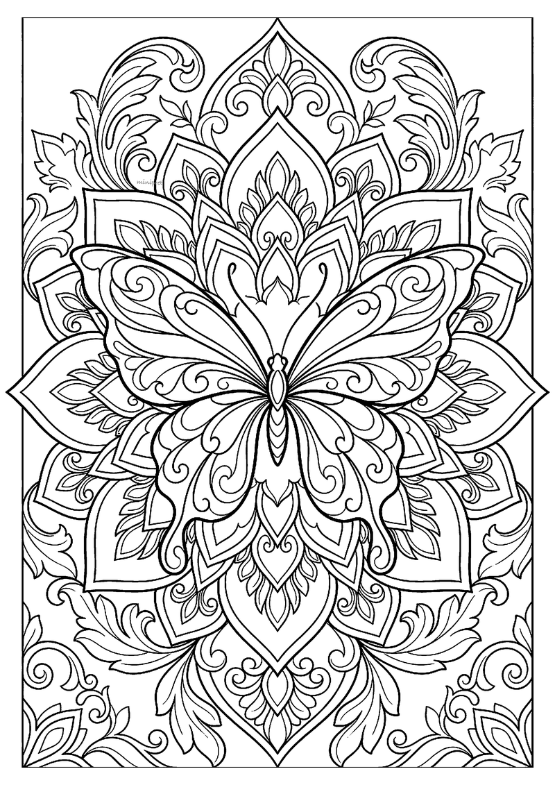Vlinder in het centrum van een symmetrische bloemen-mandala, tattoo-flash lijntekening