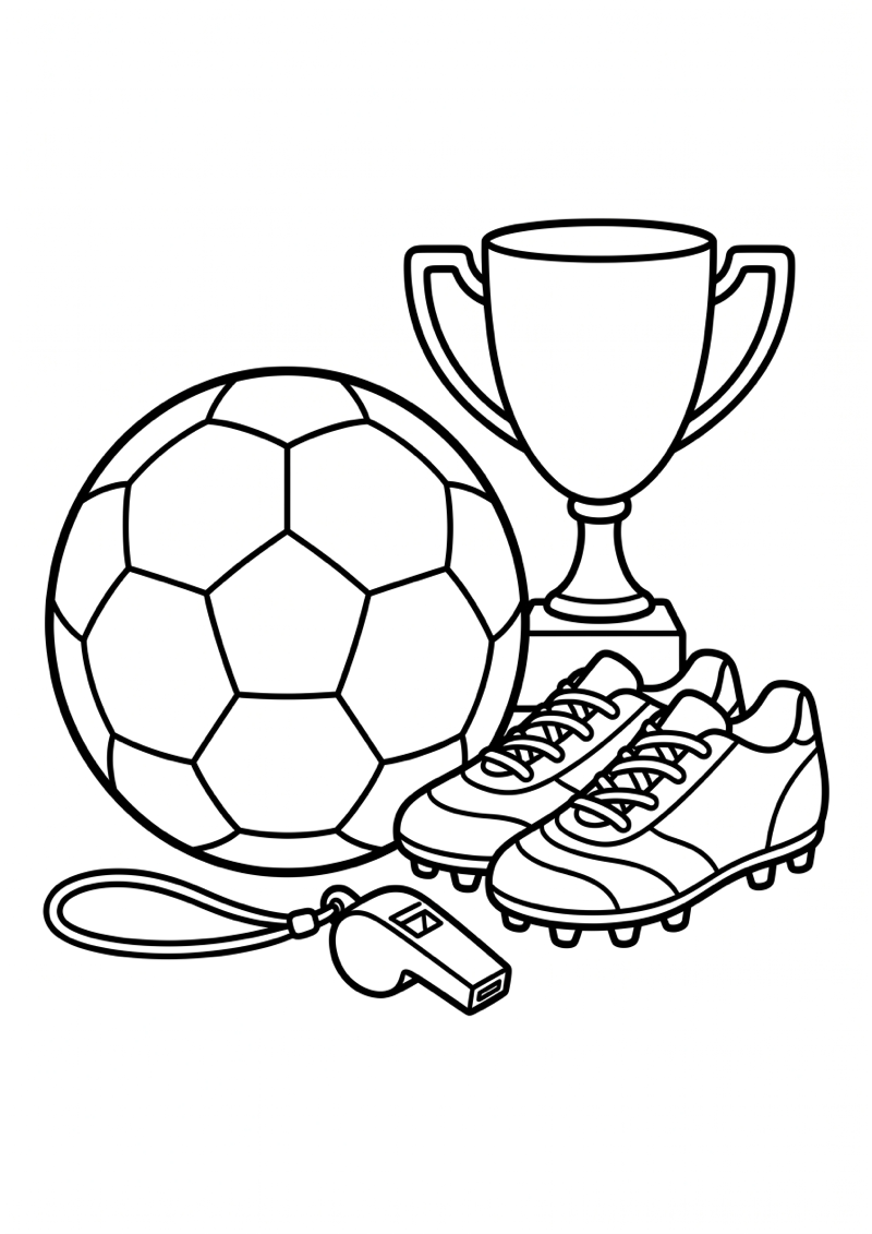 Voetbal Fluitje Schoenen Beker Compositie Kleurplaat — gratis kleurplaat printen