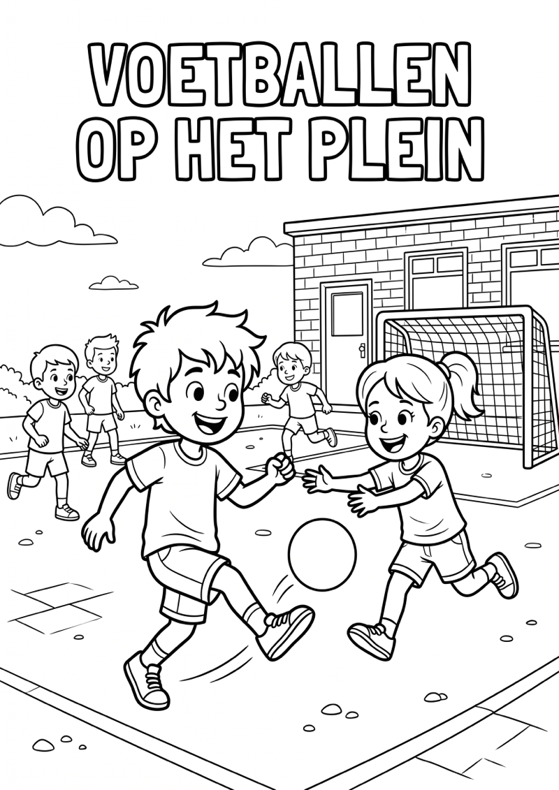 Voetballen op het Schoolplein Kleurplaat — gratis kleurplaat