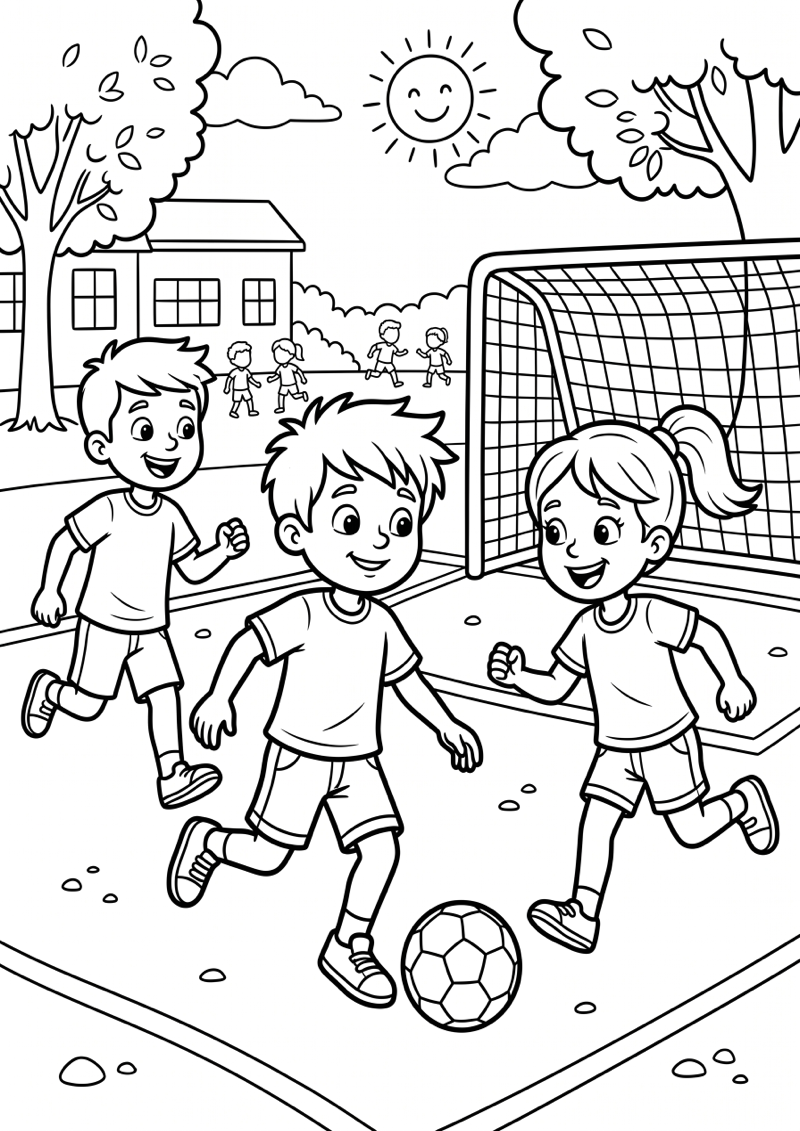 Voetballende Kinderen op Schoolplein Kleurplaat — gratis kleurplaat