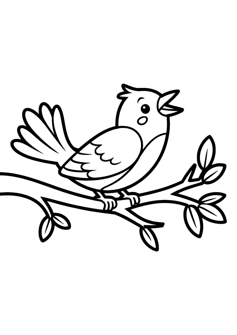 Kleurplaat van een zingend vogeltje met open snavel en gespreide staart dat zit op een tak met jonge groene blaadjes