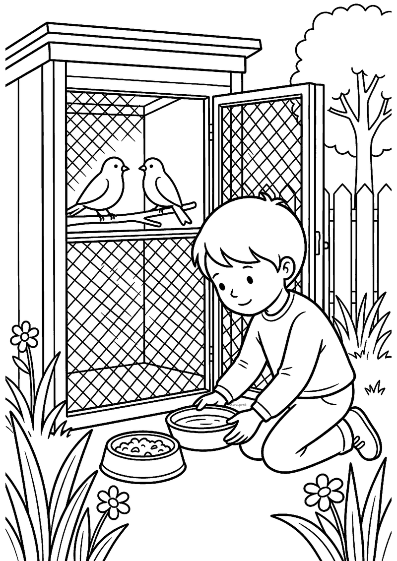 Kleurplaat van een kind dat geknield een waterbakje vult bij een open volière met twee vogels op een stokje