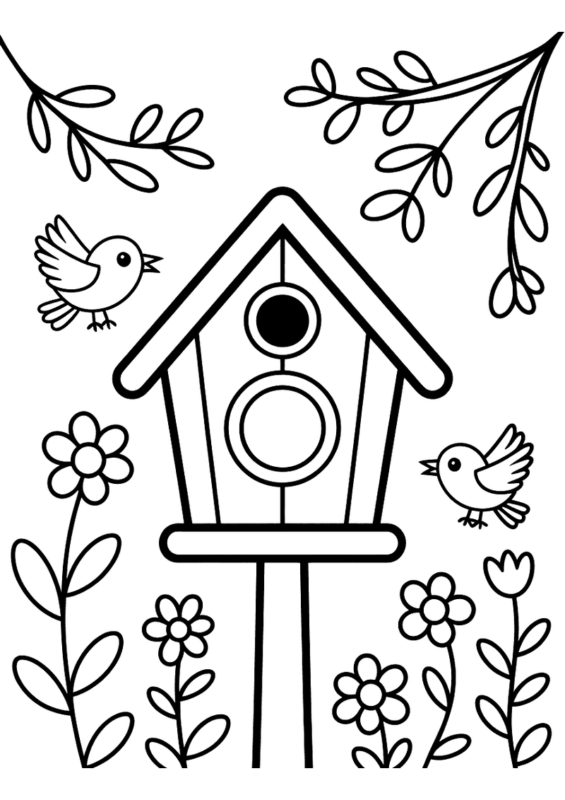 Kleurplaat van een houten vogelhuis op een paal omringd door lentebloemen, takken met blaadjes en twee vliegende vogeltj