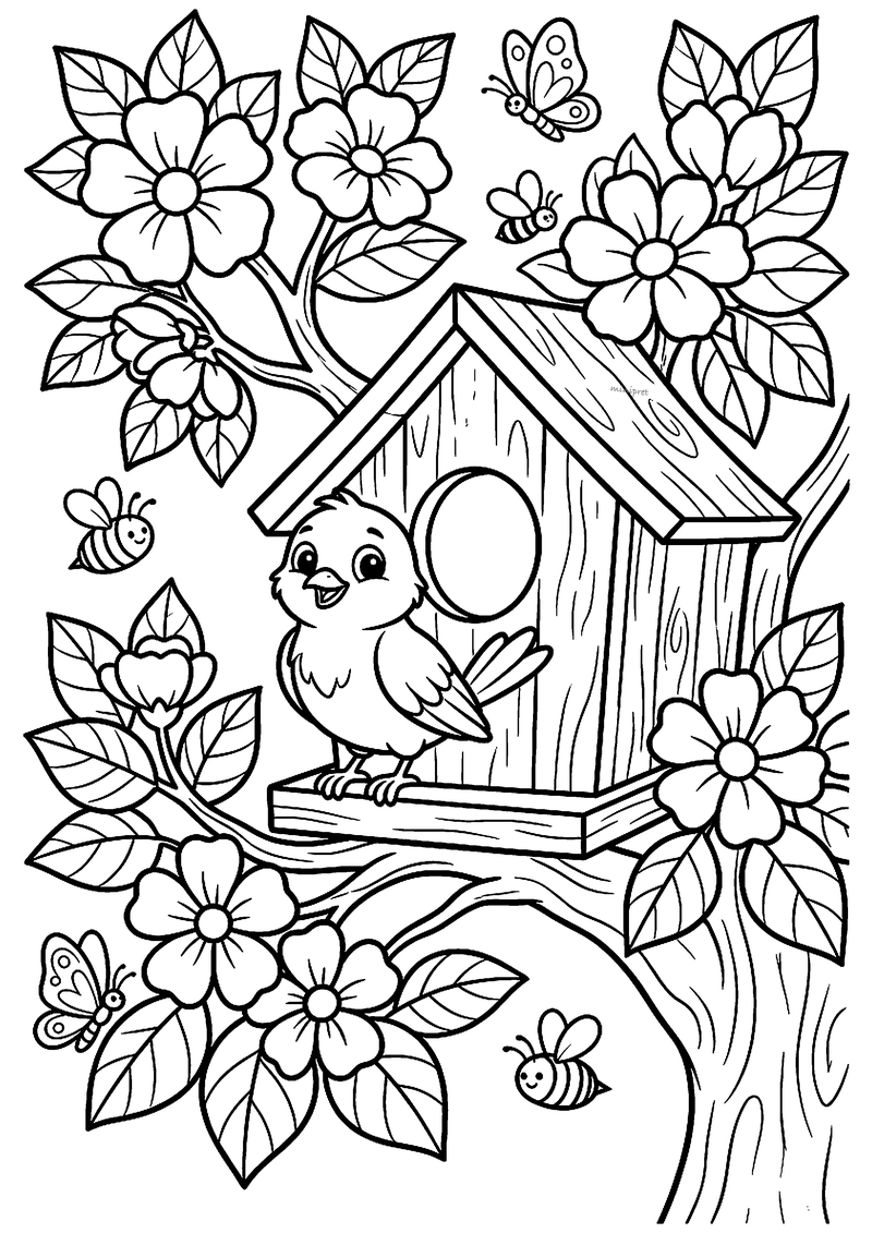 Kleurplaat van een vogeltje op een houten vogelhuisje in een bloeiende boom met grote bloemen, bijtjes en vlinders
