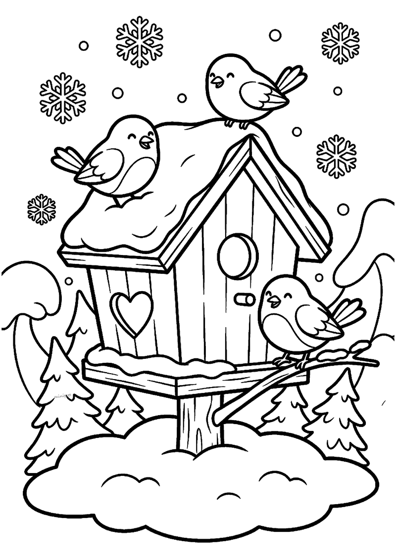 Kleurplaat van een houten vogelhuisje met hartje, sneeuw op het dak, en drie vogels op en rond het huisje, met.