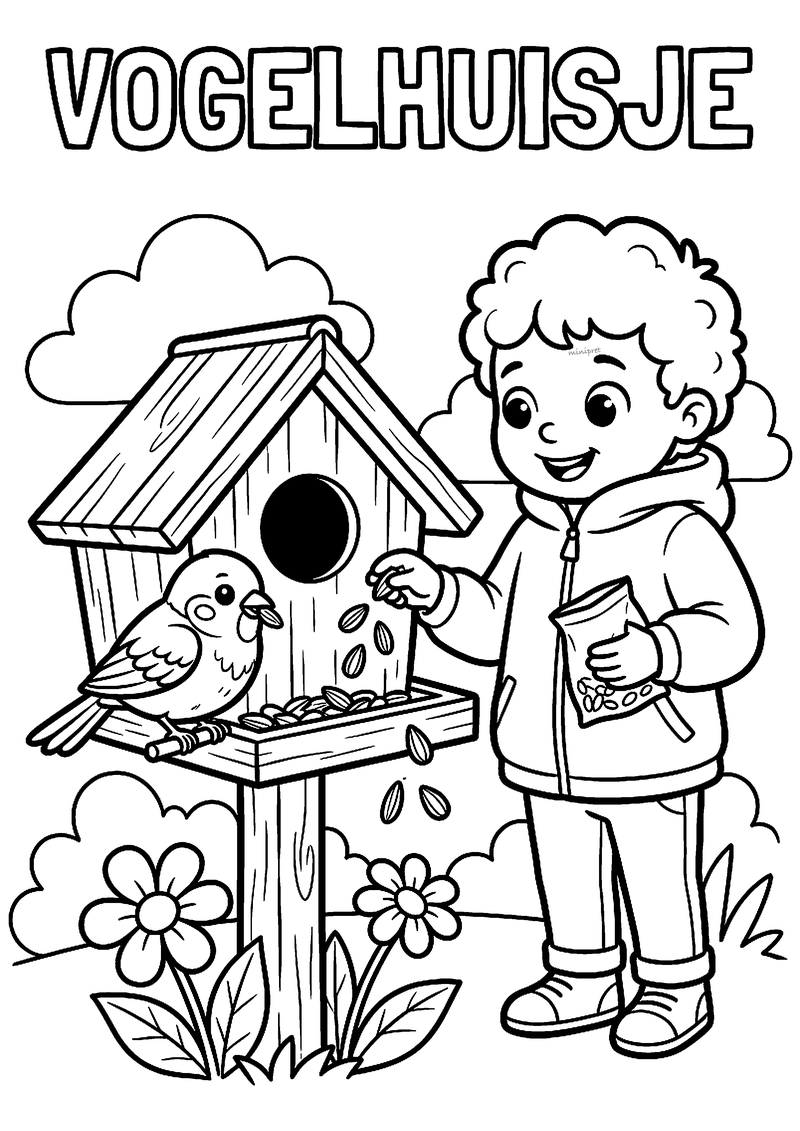 Kleurplaat van een jongen die zaadjes strooit op een vogelhuisje op een paal, waar een vogeltje van eet