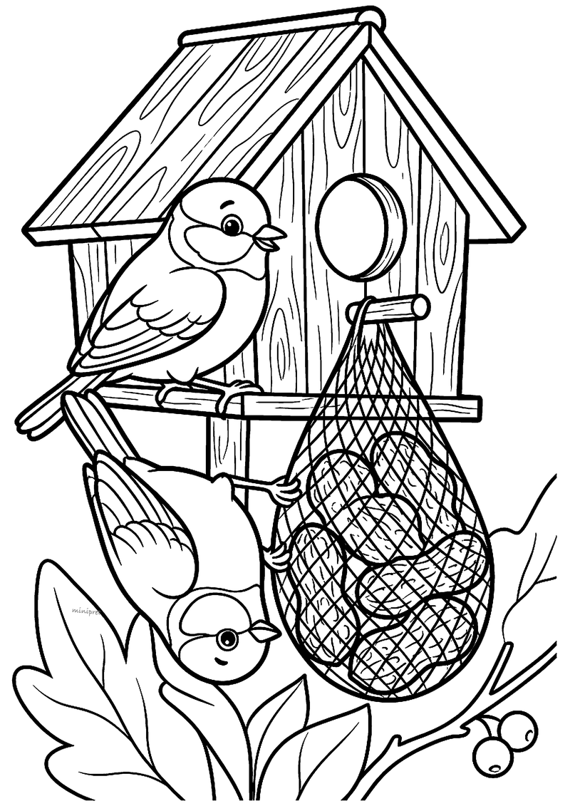 Kleurplaat van een houten vogelhuisje met twee mezen, waarvan een ondersteboven hangt, en een net vol pinda's