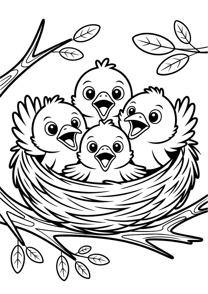 Vier baby vogeltjes zitten dicht op elkaar in een nest van takjes, omringd door bladeren