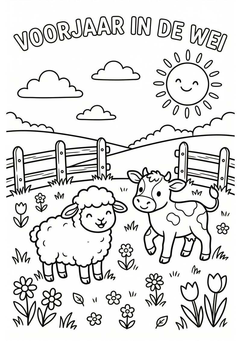 Voorjaar in de Wei Kleurplaat — gratis kleurplaat printen
