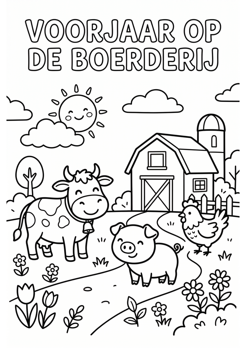 Voorjaar op de Boerderij Kleurplaat — gratis kleurplaat printen