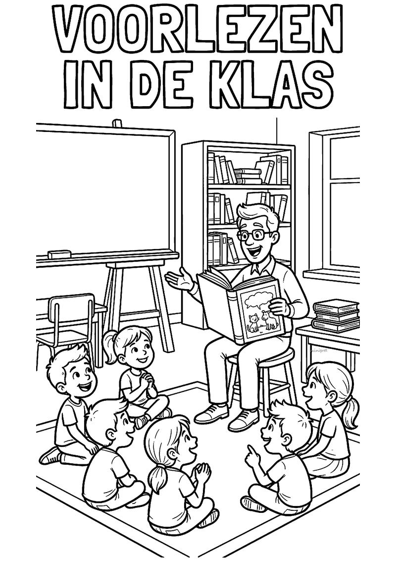 Kleurplaat van een meester met bril die een prentenboek voorleest aan kinderen op het vloerkleed