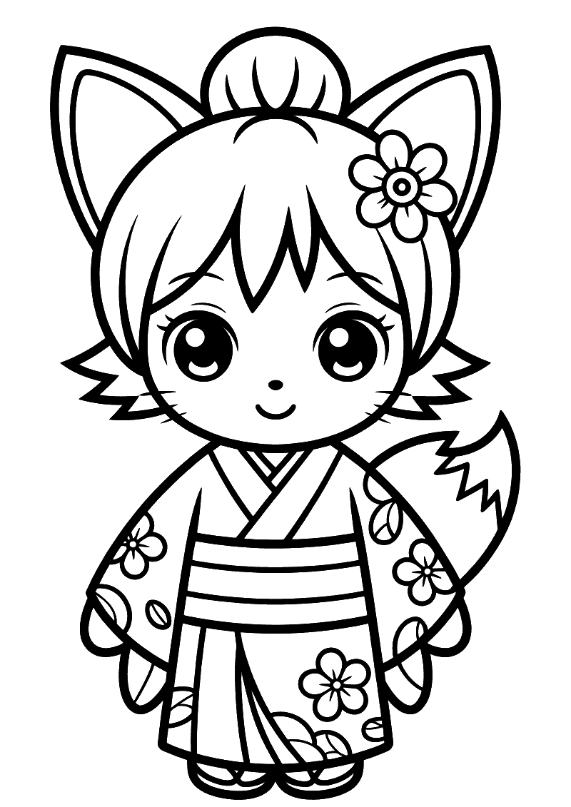 Kleurplaat van een kawaii vossenmeisje met vossenoren en staart gekleed in een kimono met bloemen en een bloem in het ha
