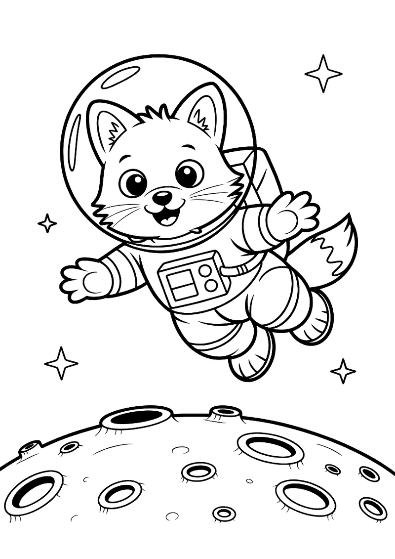 Kleurplaat van een vos in een astronautenpak die boven de maanoppervlakte zweeft met sterren rondom in de ruimte