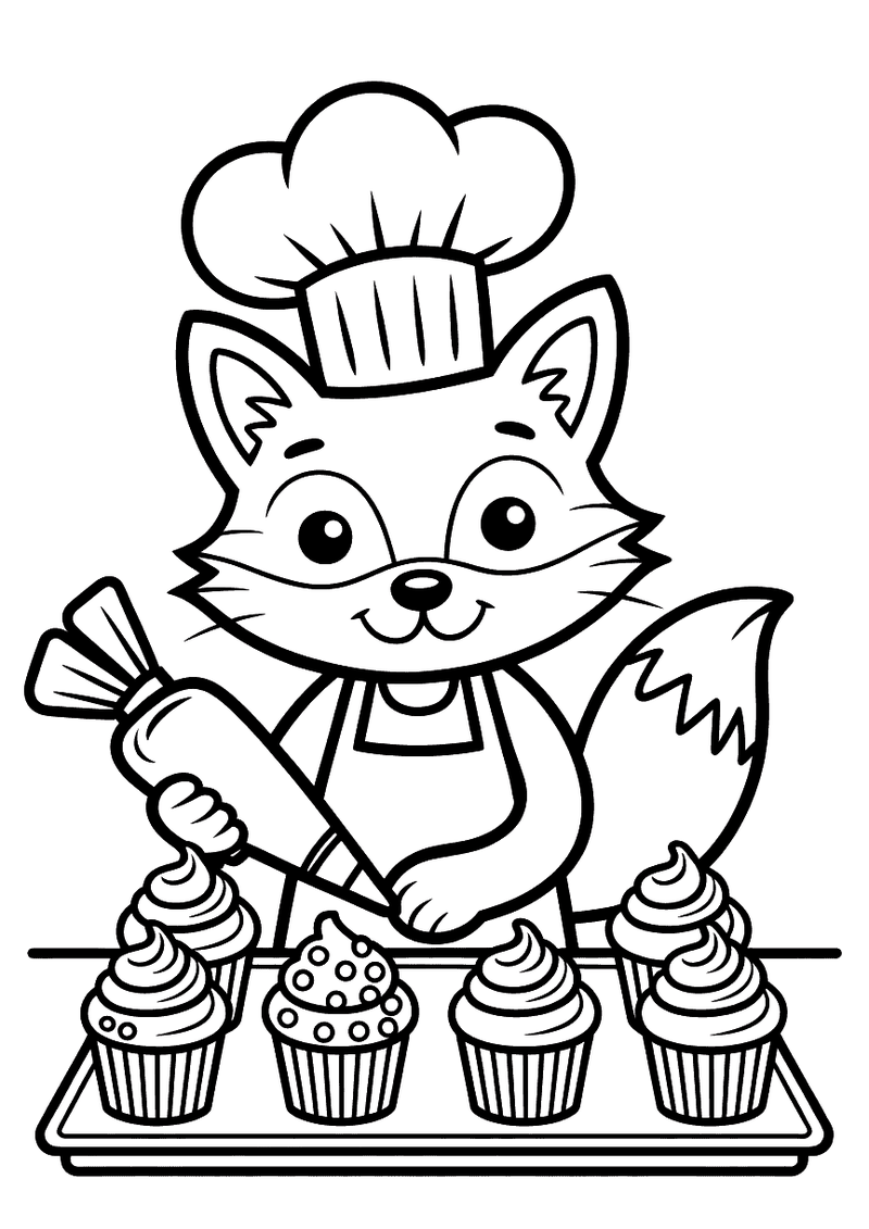 Kleurplaat van een vos in bakkerspet en schort die met een spuitzak decoratie spuit op een rij cupcakes op een bakplaat