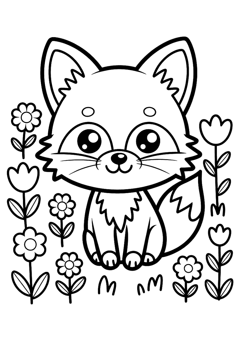 Kleurplaat van een klein chibi vosje dat zit tussen hoge bloemen en grashalmen in een simpele, schattige stijl