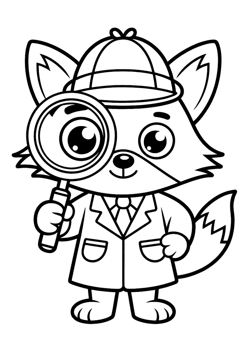 Kleurplaat van een vos gekleed als detective in jas en Sherlock-hoed met een groot vergrootglas voor zijn oog