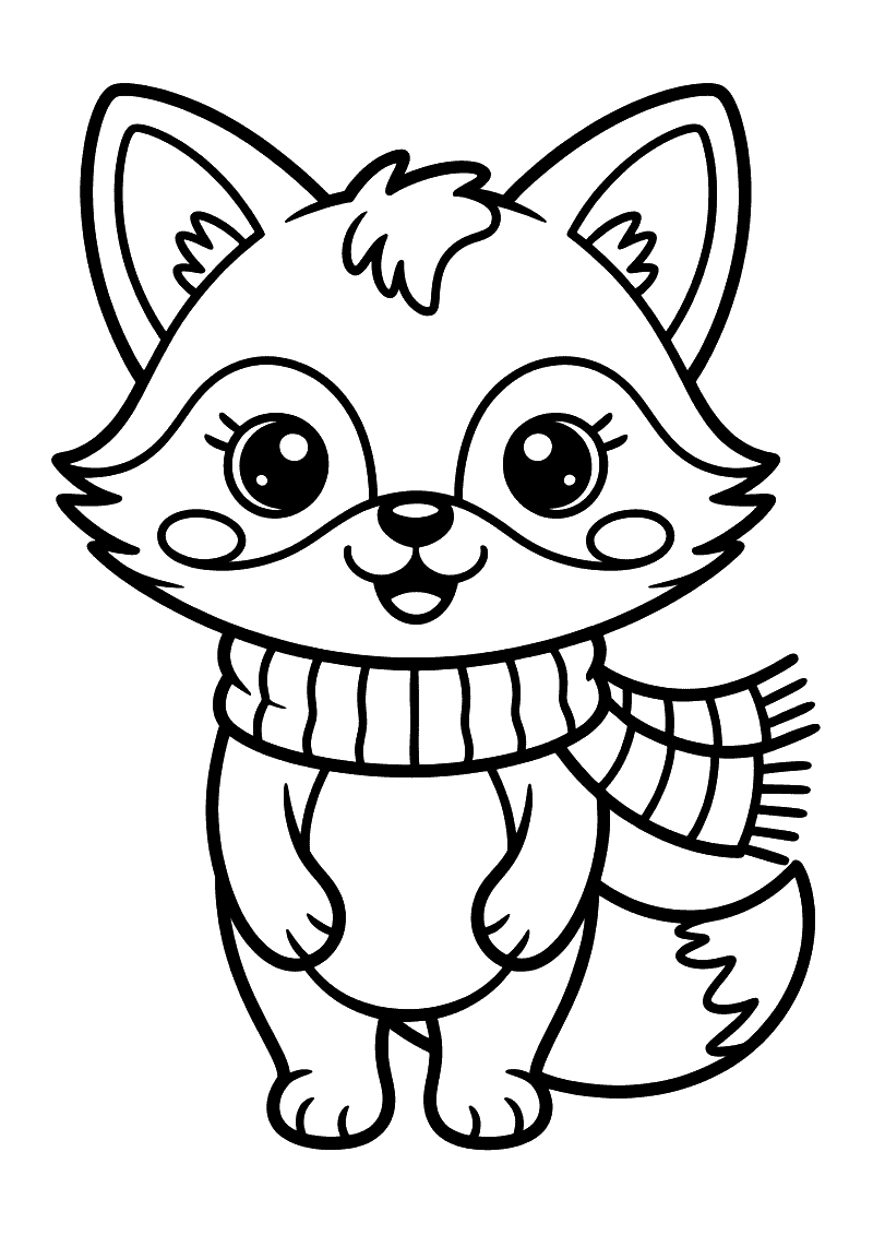 Kleurplaat van een kawaii vos met grote ogen en pluizige staart die een gestreepte gebreide sjaal om de hals draagt.