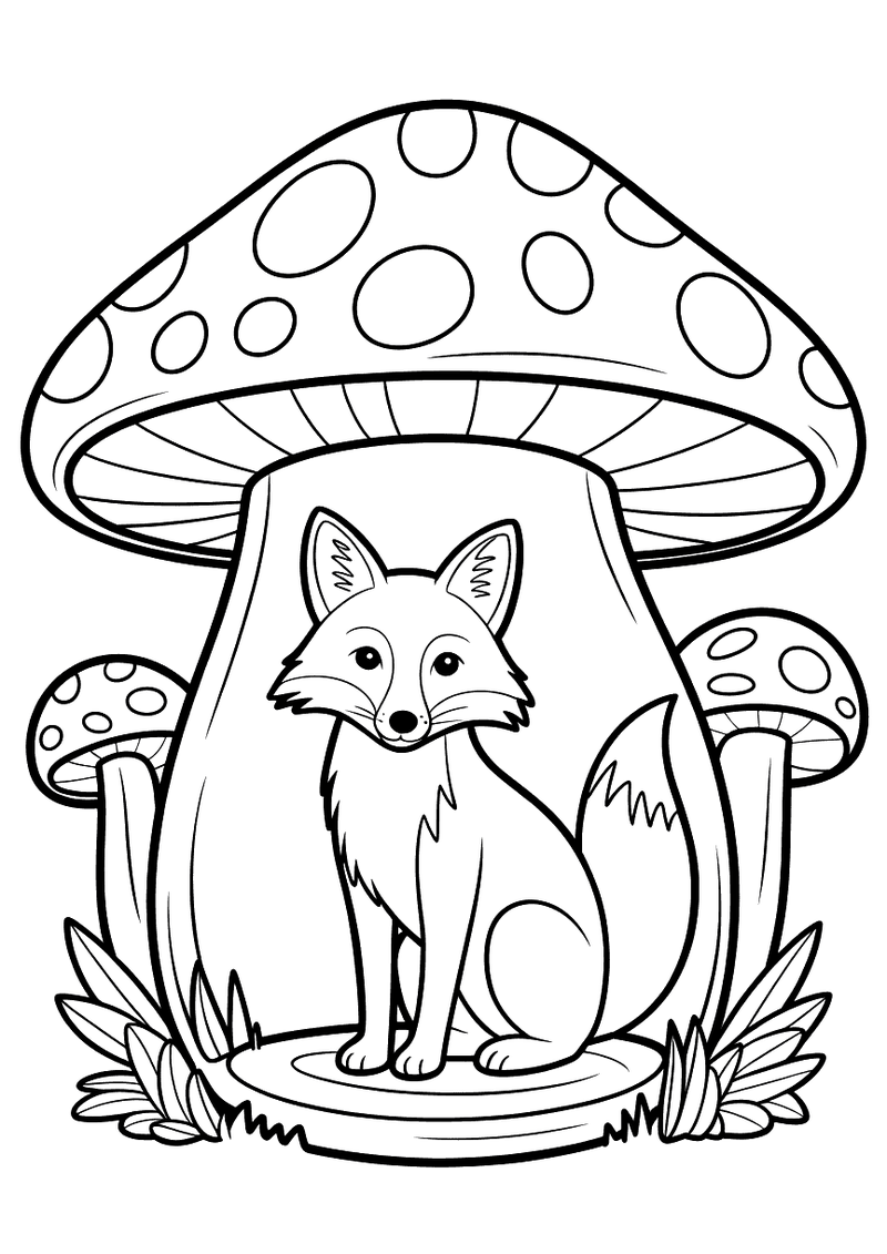 Kleurplaat van een vos die zit onder een grote paddenstoel met stippen, omringd door kleinere paddenstoelen en planten