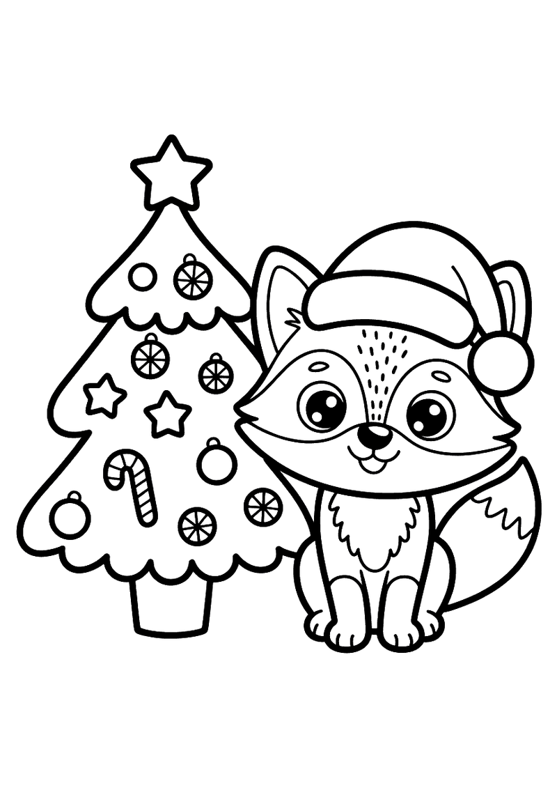 Kleurplaat van een schattige vos met een kerstmuts naast een versierde kerstboom vol ballen, sterren en snoepgoed