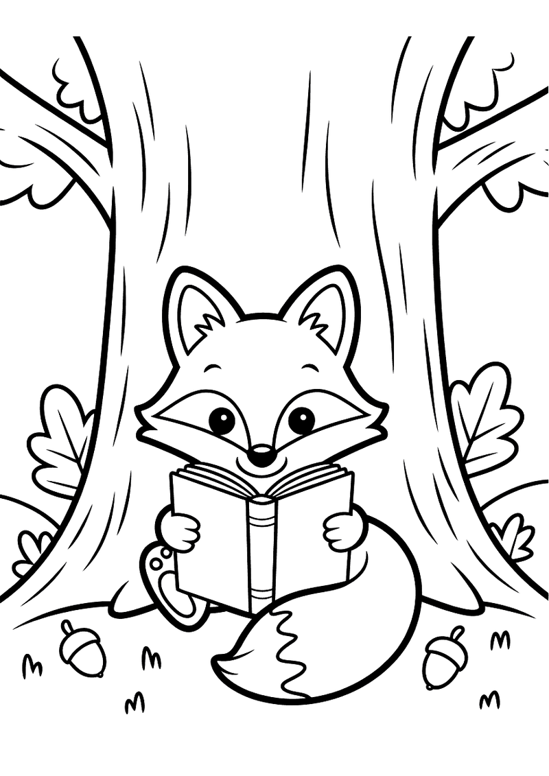 Kleurplaat van een vos die met een open boek in de poten bij de voet van een grote eikenboom zit, omgeven door eikels en