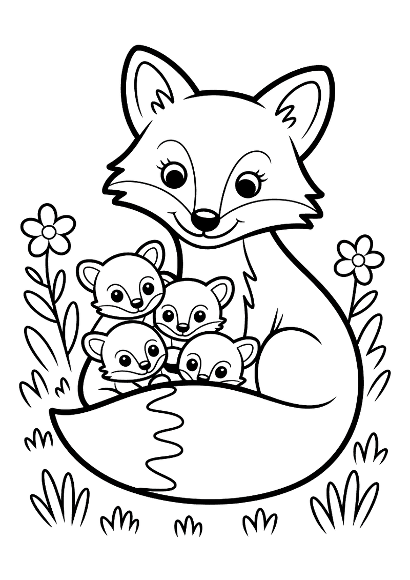 Kleurplaat van een grote moedervos die drie kleine kits voedt en koestert, omringd door bloemen en gras