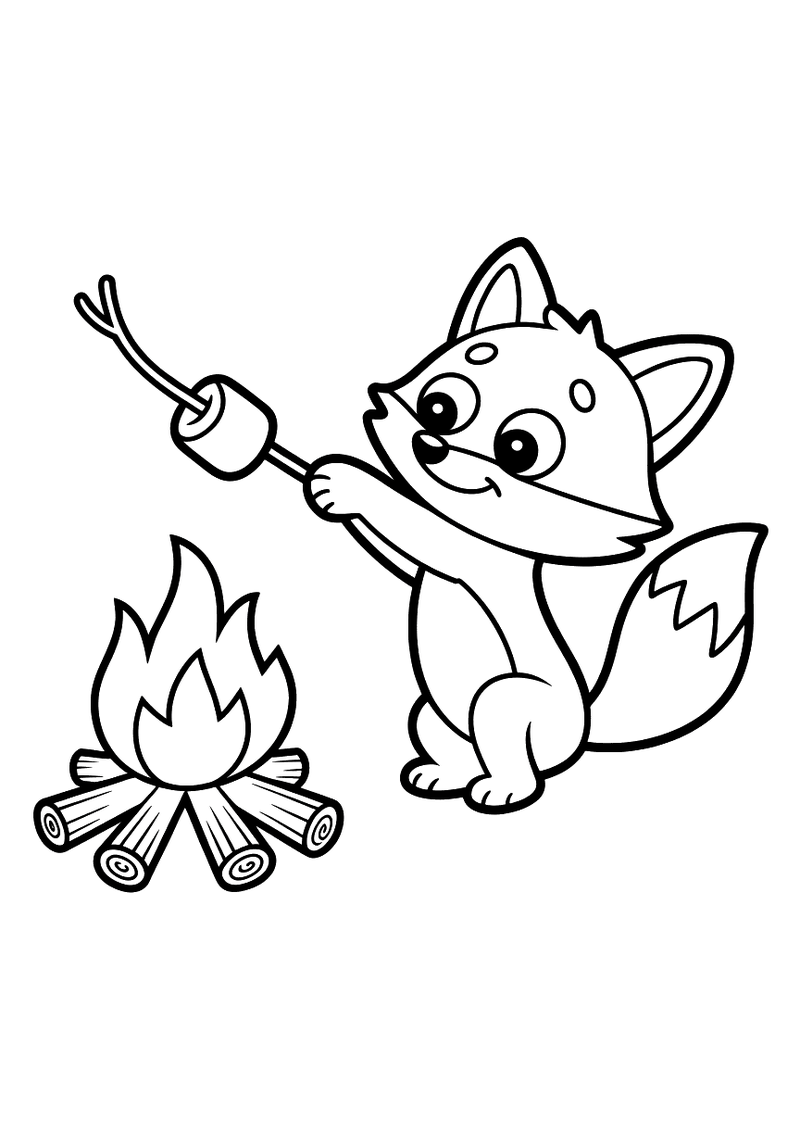 Kleurplaat van een zittende vos die aan een stokje een marshmallow boven een brandend kampvuur roostert